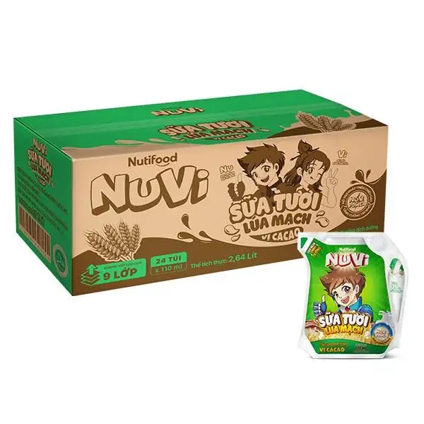 Thùng 24 túi sữa tươi lúa mạch vị cacao Nutifood NuVi 110 ml (từ 1 tuổi) - Thùng